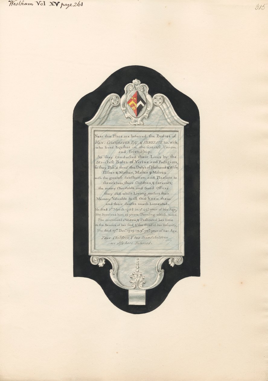 Minnesmärke för Henry och Penelope Colchester, och fyra barn och två barnbarn, från West Ham Church av Daniel Lysons