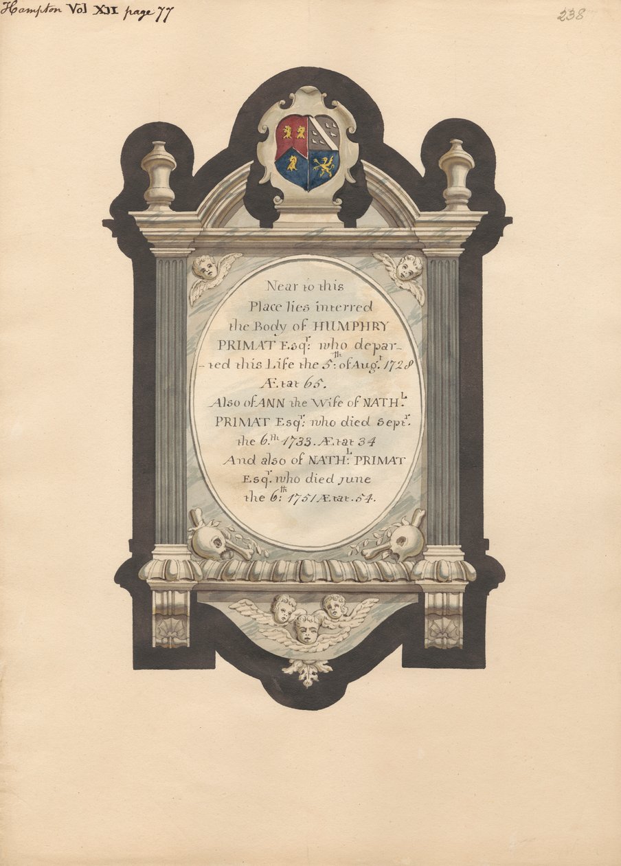 Minnesmärke till Humphry Primat, Nathaniel och Ann Primat från Hampton Church av Daniel Lysons
