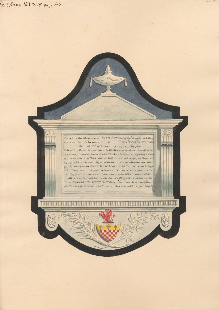 Minnesmärke till Inyr Burgess, från East Ham Church av Daniel Lysons