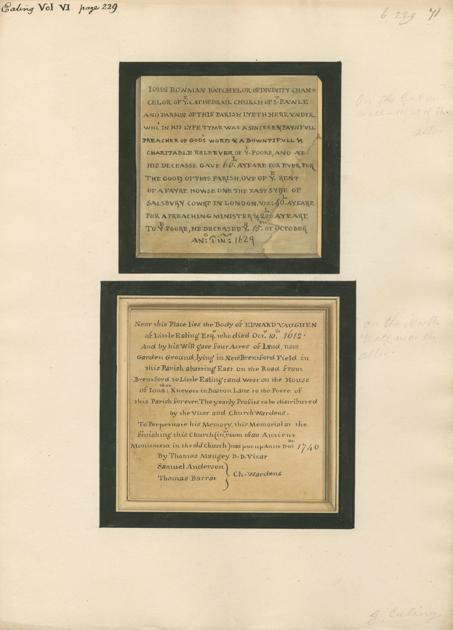 Minnesmärke över John Bowman och Edward Vaughen från Ealing Church av Daniel Lysons