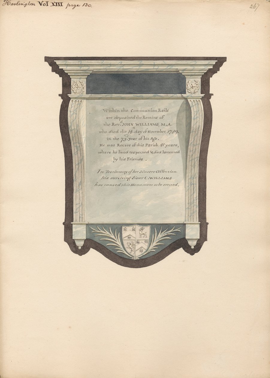 Minnesmärke till John William från Harlington Church av Daniel Lysons