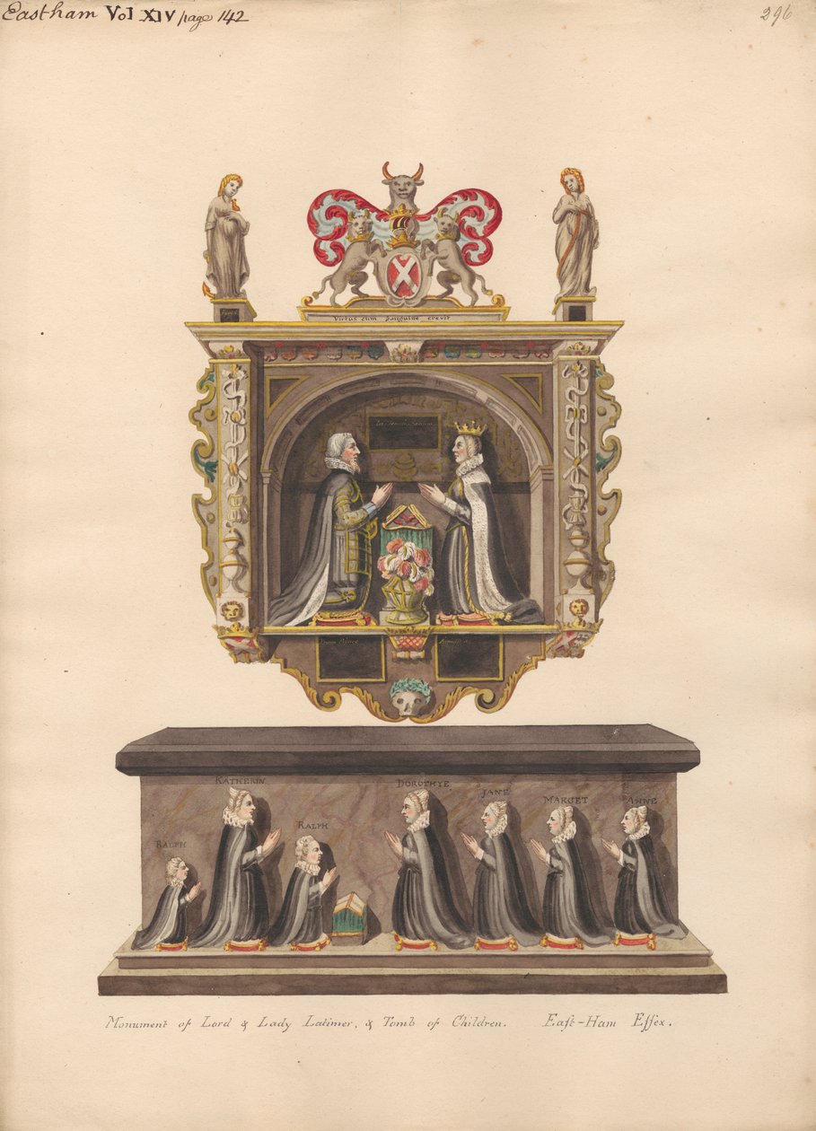 Minnesmärke till Lord and Lady Latimer och barnens grav Ralph, Katherin, Ralph, Dorothye, Jane, Margaret och Anne från East Ham Church av Daniel Lysons