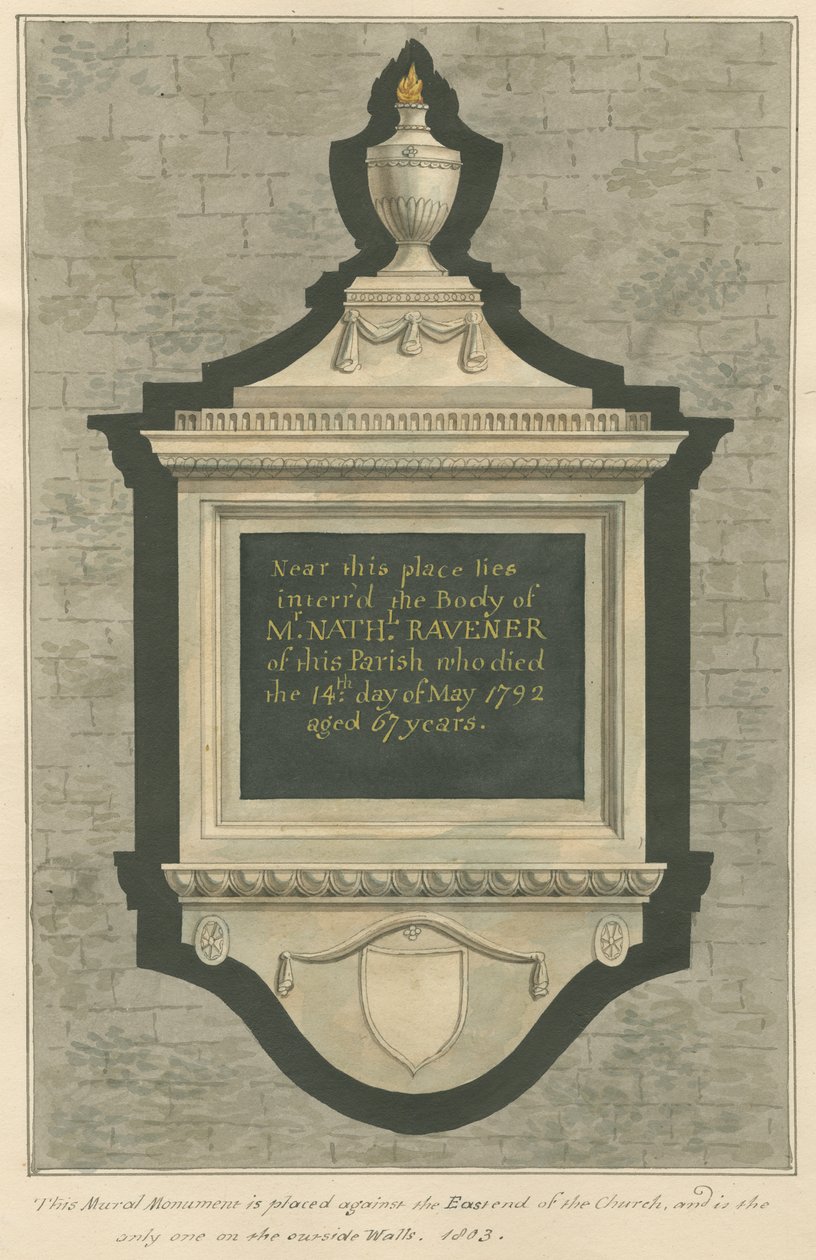 Minnesmärke över Mr. Nathaniel Ravener från Greenford Church av Daniel Lysons