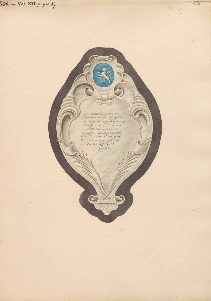 Minnesmärke till Nathaniel Crewe från Feltham Church av Daniel Lysons