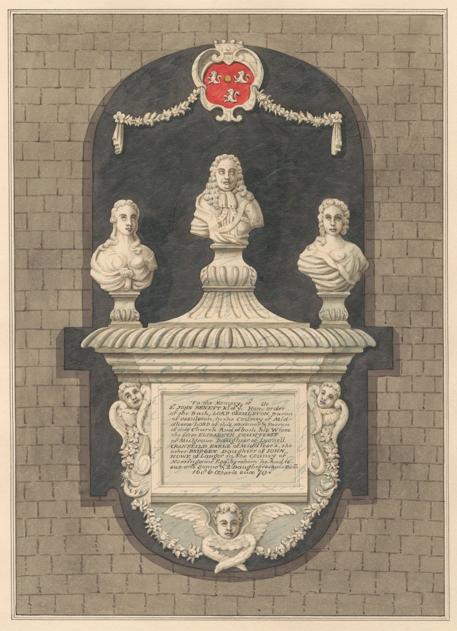 Minnesmärke för Sir John Bennett och hans fruar Elizabeth och Bridget från Harlington Church av Daniel Lysons