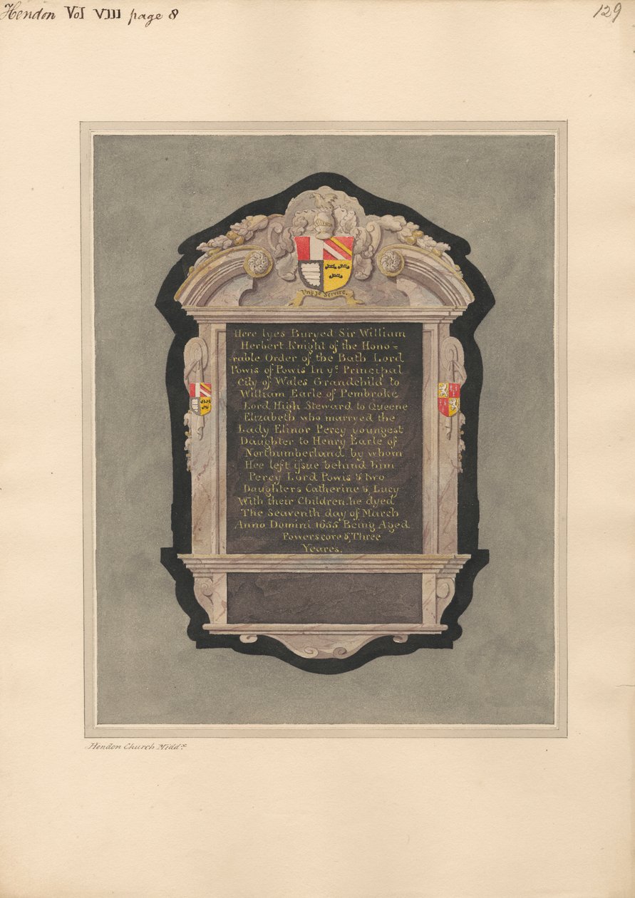 Minnesmärke till Sir William Herbert från Hendon Church av Daniel Lysons