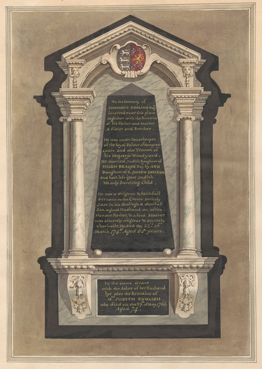 Minnesmärke över Somerset English, hans fru Judith, hans mamma, hans far, en syster och en bror från Hampton Church av Daniel Lysons