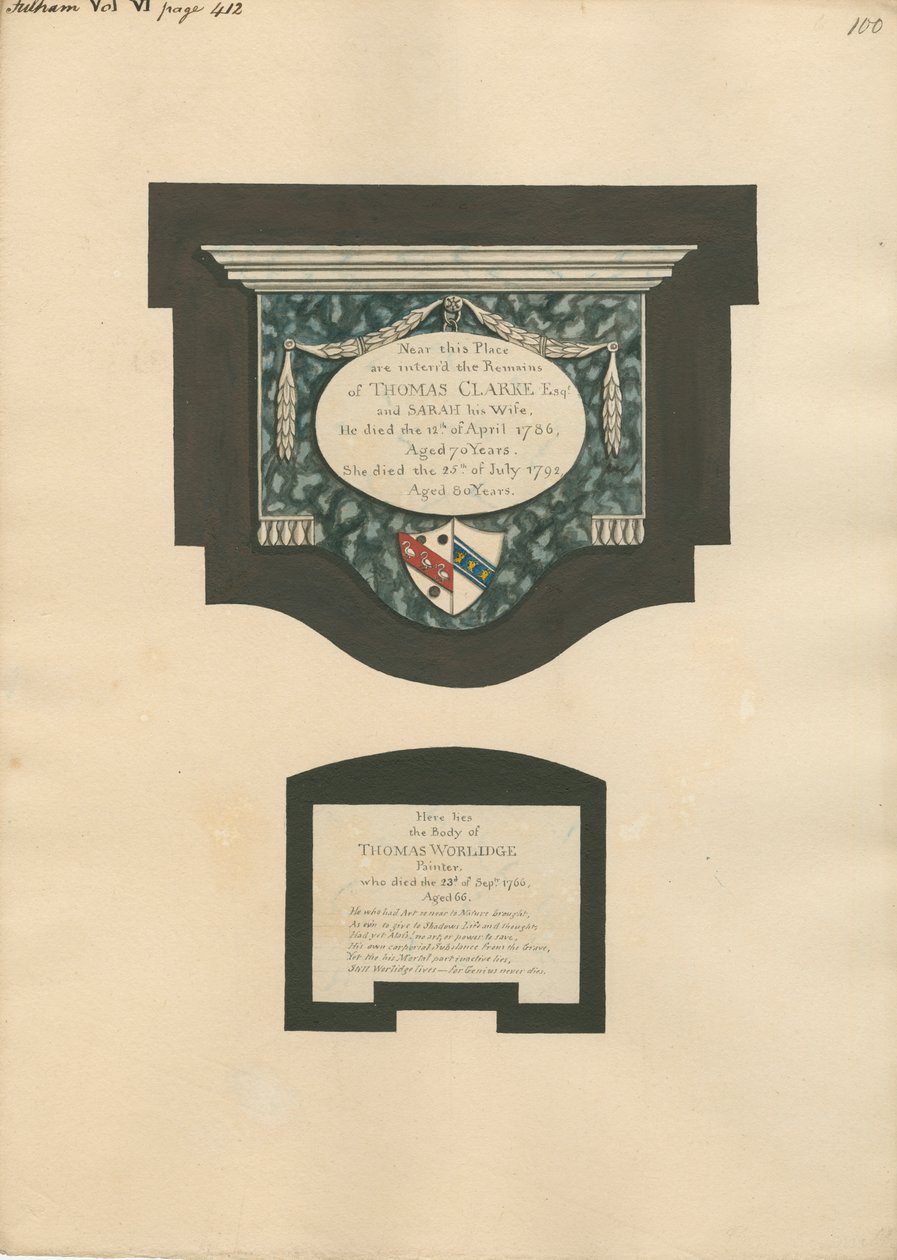 Minnesmärke över Thomas Clarke och fru Sarah och Thomas Worlidge från Fulham Church av Daniel Lysons