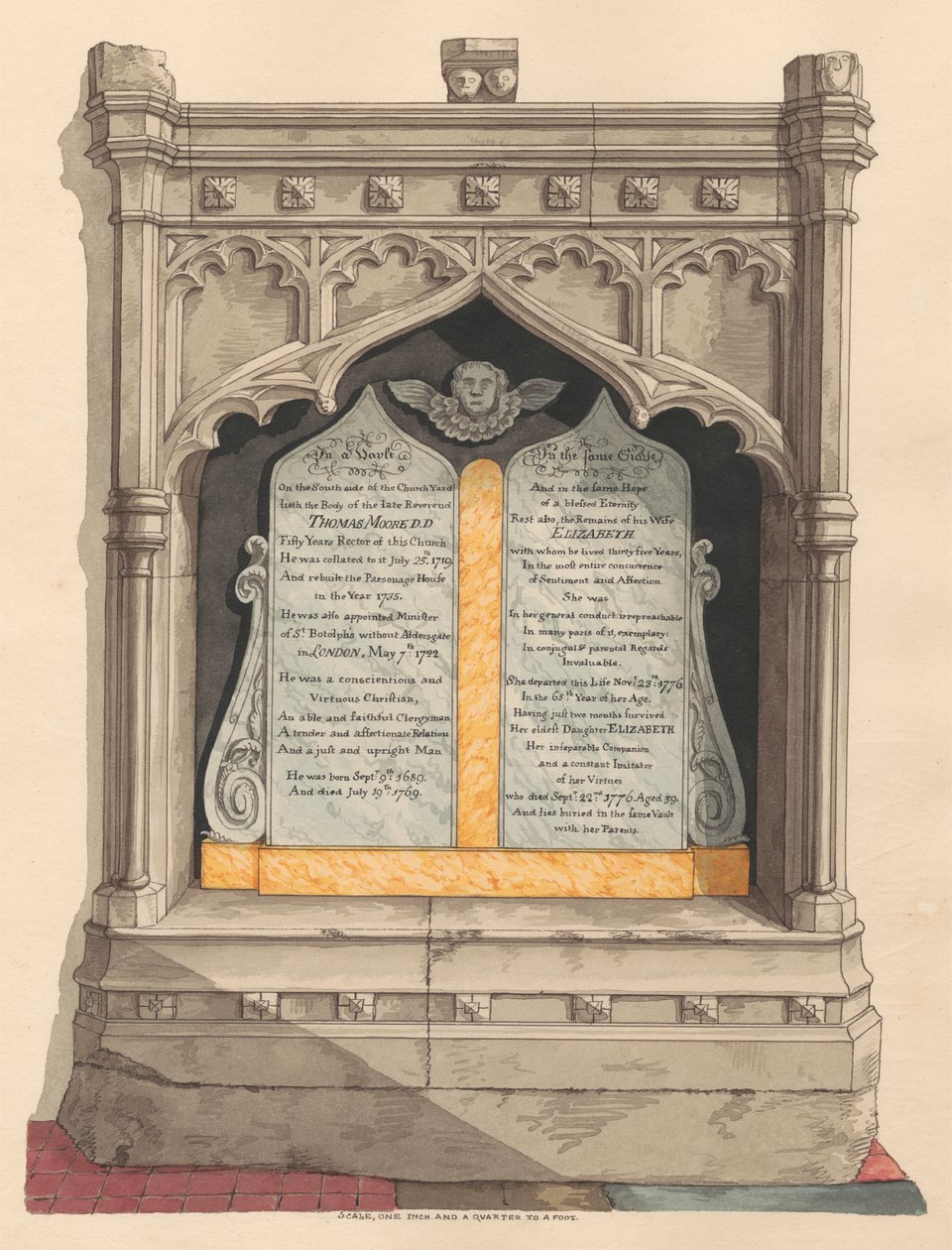 Minnesmärke för Thomas och Elizabeth Moore och deras dotter Elizabeth, från Chiselhurst Church av Daniel Lysons