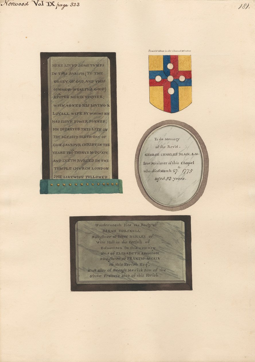 Minnesmärken över Xpofer och Agnes Merick, George Charles Black och Sarah Horsnell, Elizabeth Ascough och George Merick av Daniel Lysons