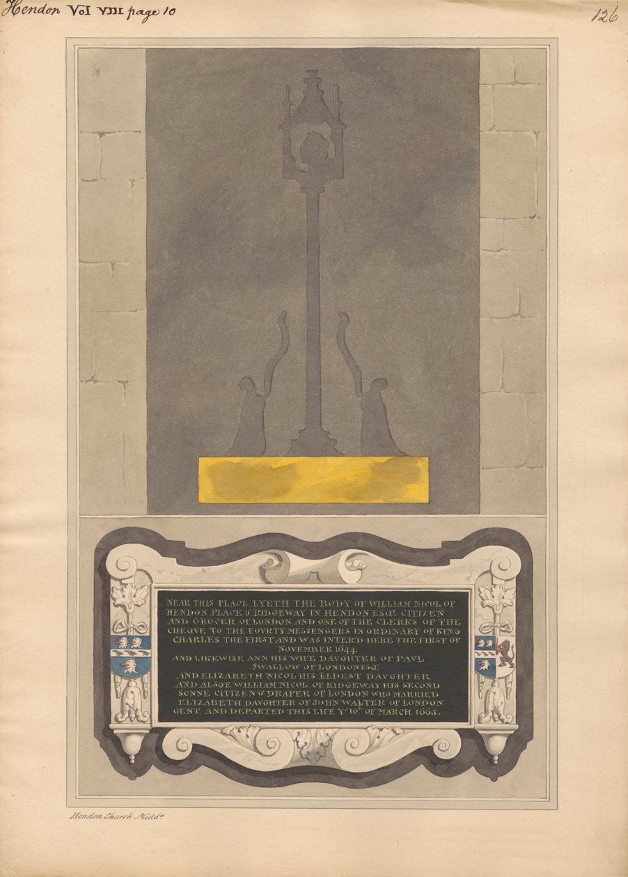 Rester av mässingsplåt och minnesmärke till William Nicol och Ann hans hustru och Elizabeth hans dotter och William hans son av Hendon Church av Daniel Lysons
