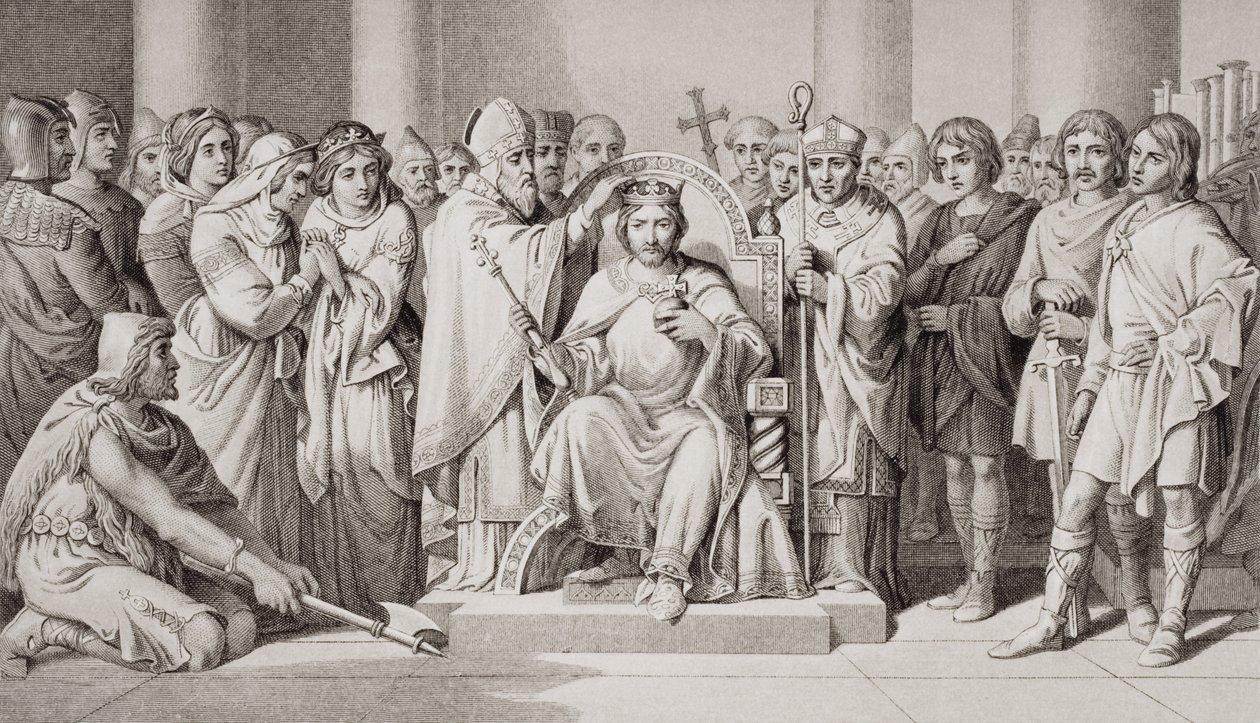Kröning av Harold II (c.1022-66) kung av anglosaxarna år 1066 e.Kr., från 