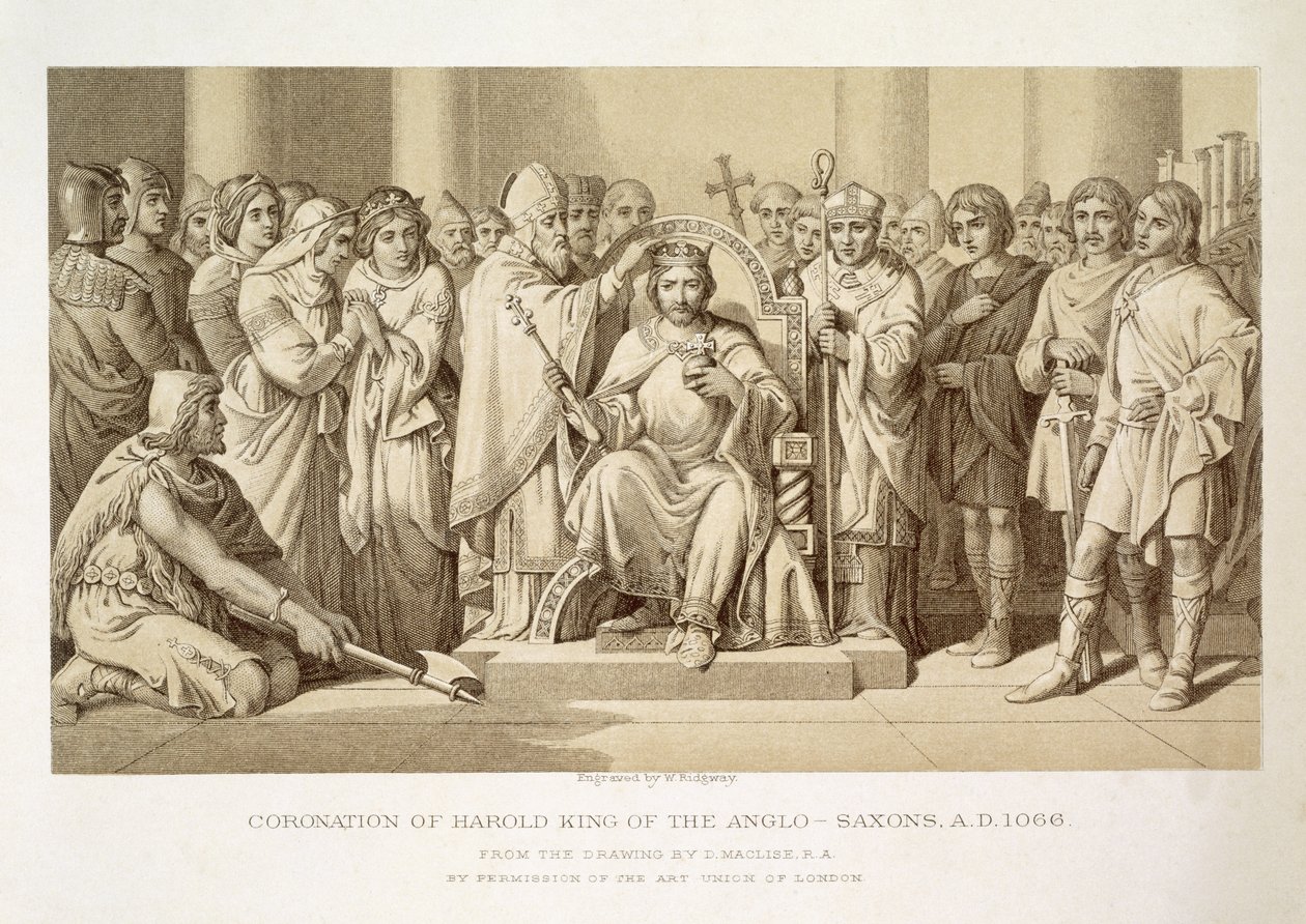 Kröning av Harold, kung av anglosaxarna, graverad av W. Ridgeway av Daniel Maclise