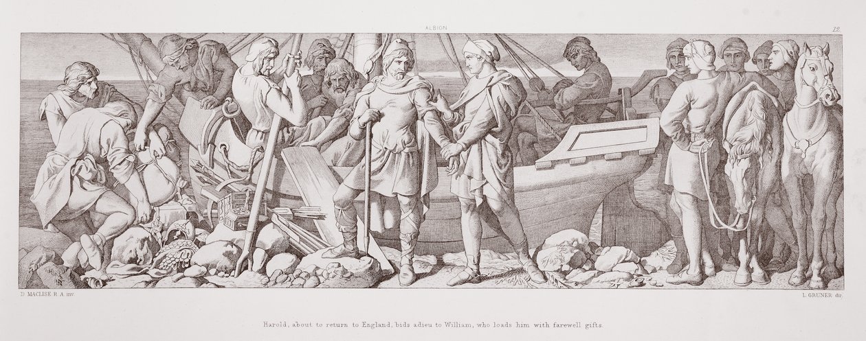 Harald, som är på väg att återvända till England, säger adjö till Vilhelm, som ger honom avskedspresenter, från "The Story of the Norman Conquest", graverad av L. Gruner, 1866. av Daniel Maclise