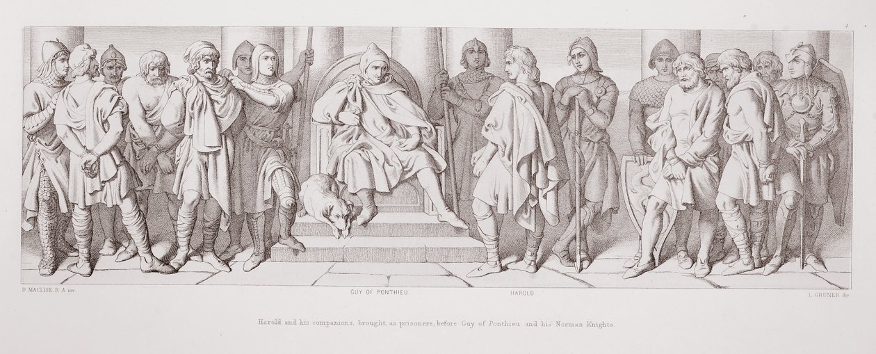 Harold och hans följeslagare förde, som fångar, inför Guy av Ponthieu och hans normandiska riddare, från 