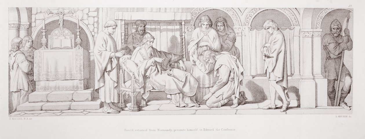 Harold, som återvänt från Normandie, presenterar sig för Edvard Bekännaren, ur "The Story of the Norman Conquest", graverad av L. Gruner, 1866. av Daniel Maclise