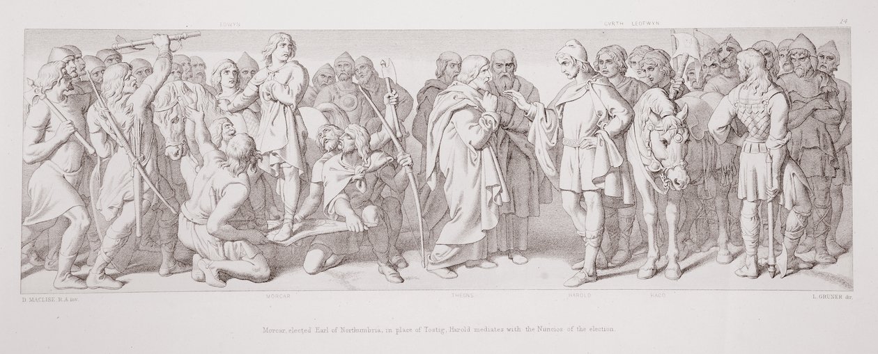 Morcar, vald till Earl of Northumbria, i stället för Tostig, Harold förmedlar med valets nuncois, från 