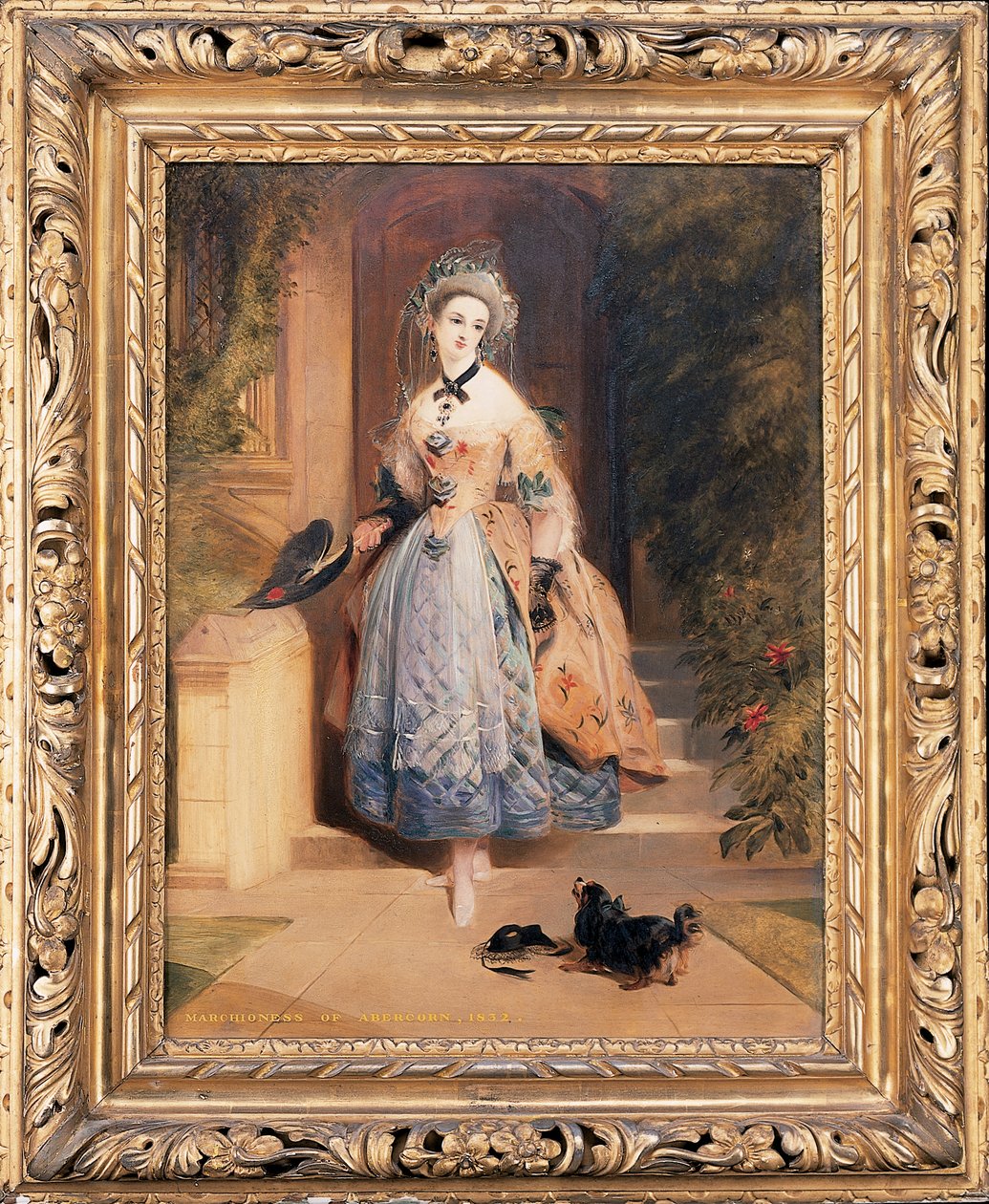 Porträtt av Louisa Jane, Marchioness of Abercorn, liten helfigur, in i en utsökt broderad gul och blå klänning, vid ingången till ett hus, med en spaniel, 1832 av Daniel Maclise