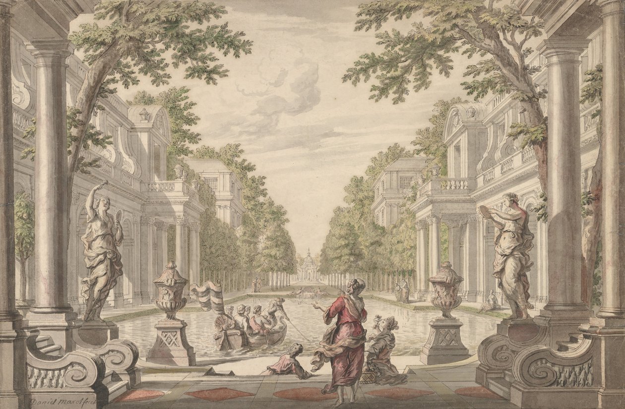 Utsikt över en palatsträdgård med en central damm omgiven av klassisk arkitektur..., ca. 1700-1720. av Daniel Marot
