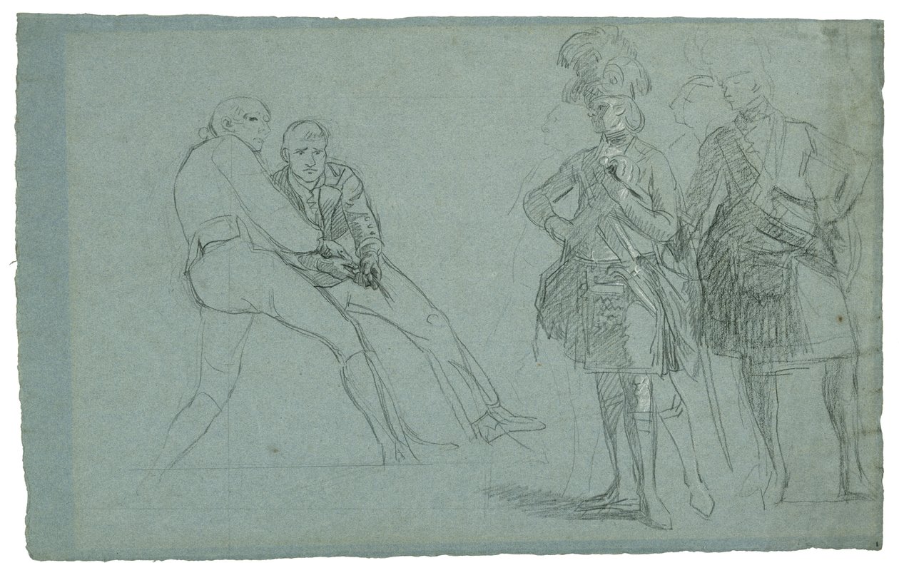 Studie för The Siege of Gibraltar (Studie av överstelöjtnant Lindsay och figurer som drar på ett rep), ca. 1786-1787 (grafslips och svartvit krita på gråblått papper) av Daniel Mytens