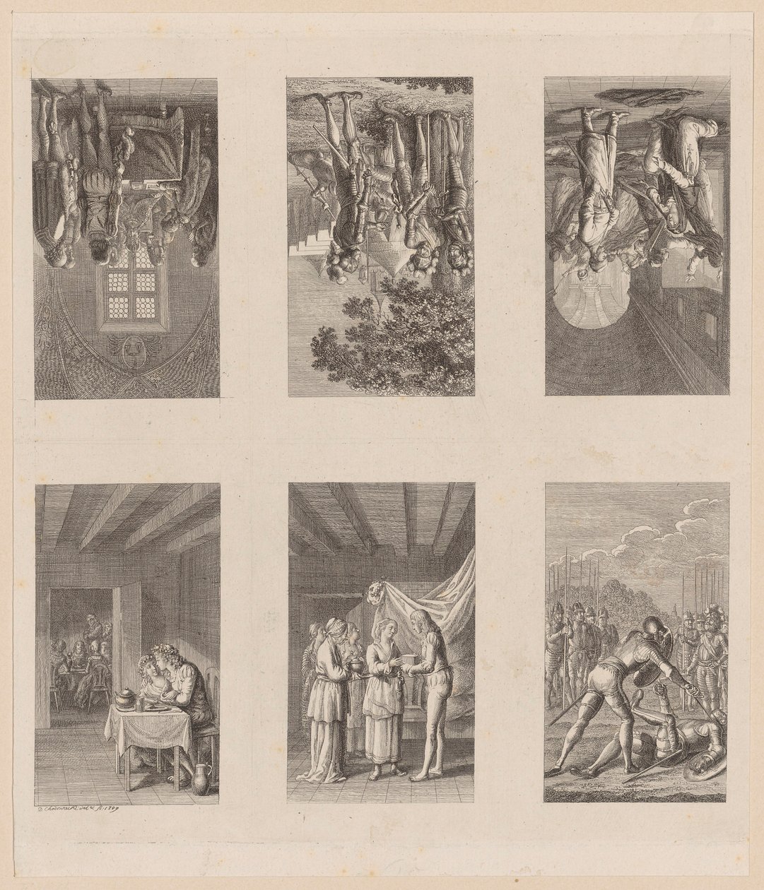 6 blad om ”Preussisk-brandenburgisk statshistoria” av Daniel Nikolaus Chodowiecki