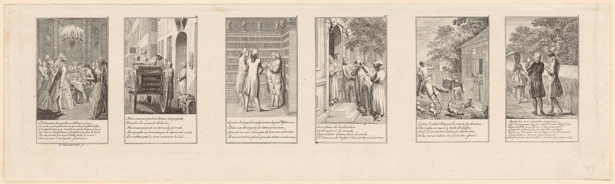 6 av 12 blad med moraliskt och satiriskt innehåll, del 1 av Daniel Nikolaus Chodowiecki