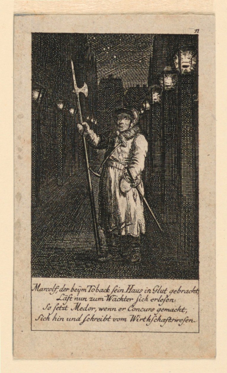 A Night Watchman, Illustration för "Königl: Grosbrit [anian] genealogical calendar for the 1780 year Lauenberg by J.G. Berenberg" av Daniel Nikolaus Chodowiecki
