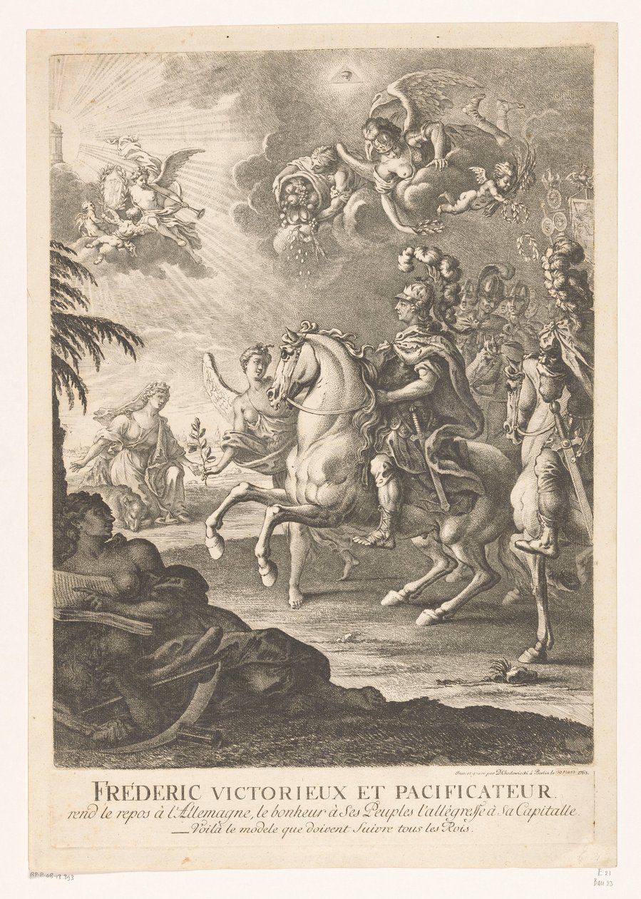 Allegorisk framställning med Fredrik den store till häst Fréderic victorieux et pacificateur (...) (titel på objekt) av Daniel Nikolaus Chodowiecki