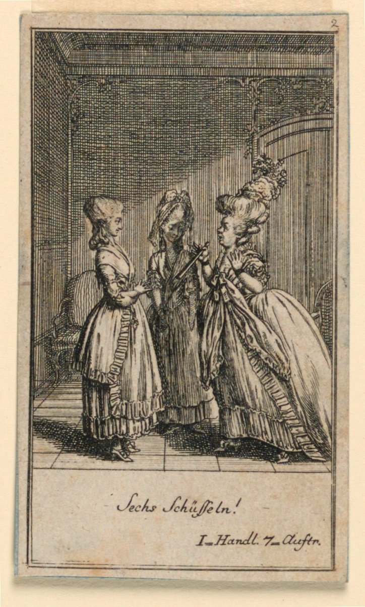 An Elderly Woman Scolding a Girl, Illustration av pjäsen "Not more than sachs Schuesseln" av Fredrich Wilhelm Grossman i "Königl: Grosbrit [anian] genealogical calendar for the 1782 year Lauenberg by J.G. Berenberg" av Daniel Nikolaus Chodowiecki