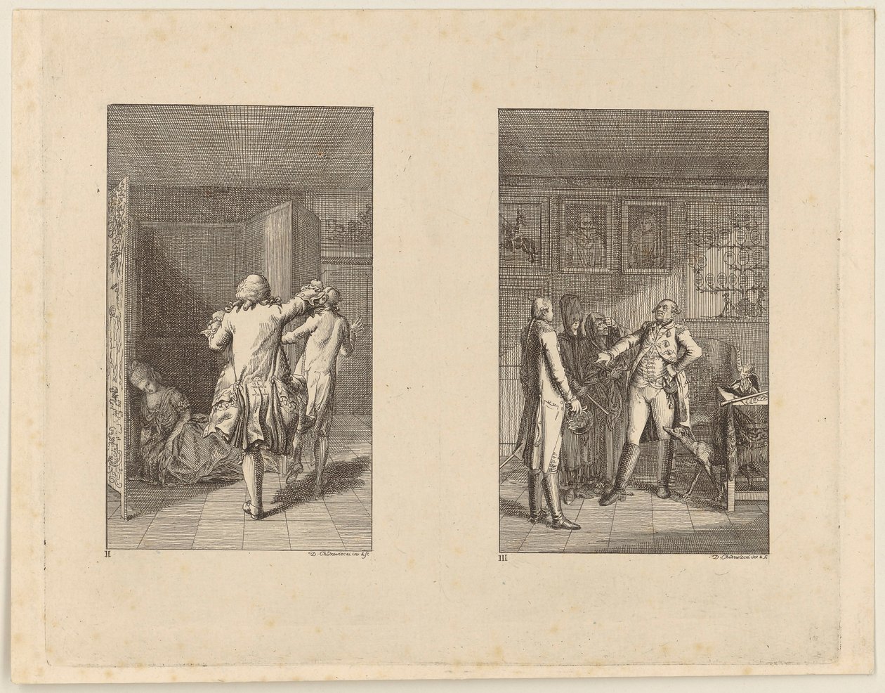Baronen jagar ut Candide från slottet [till vänster]; Candide, Kunigunde och den gamla kvinnan inför guvernören i Buenos Aires [till höger] av Daniel Nikolaus Chodowiecki