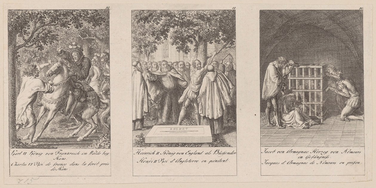 Blad 10-12 i serien "Medeltidens historia" av Daniel Nikolaus Chodowiecki