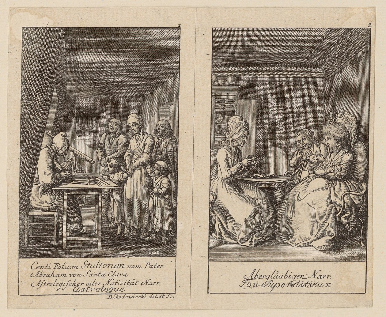 Blad 1 och 2 ur *Centifolium Stultorum*, *Dårskaper* av Daniel Nikolaus Chodowiecki