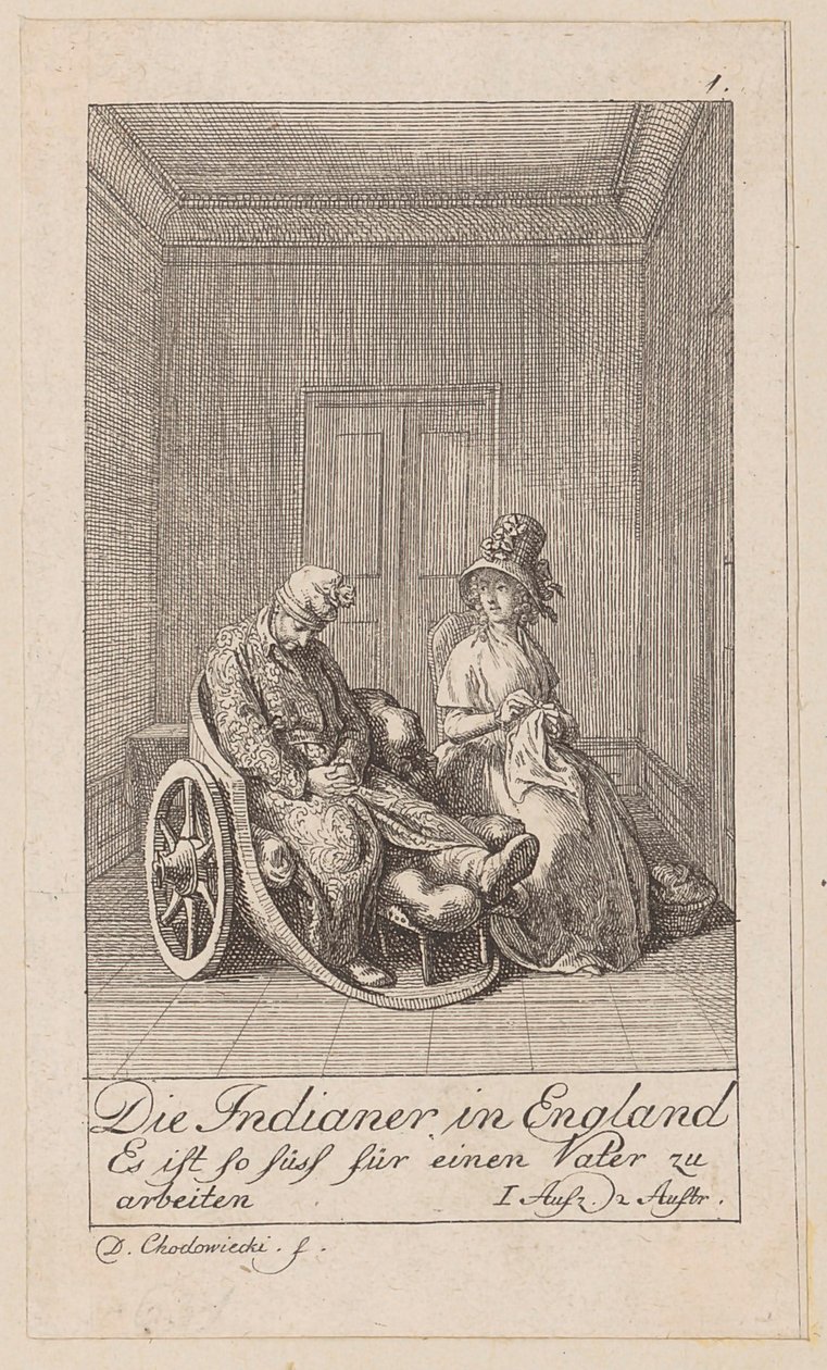 Blad 1 till Aug. von Kotzebues ”Indianerna i England” av Daniel Nikolaus Chodowiecki