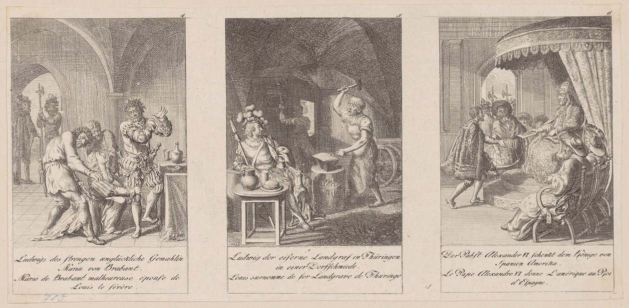 Blad 4-6 ur serien ”Medeltidens historia” av Daniel Nikolaus Chodowiecki