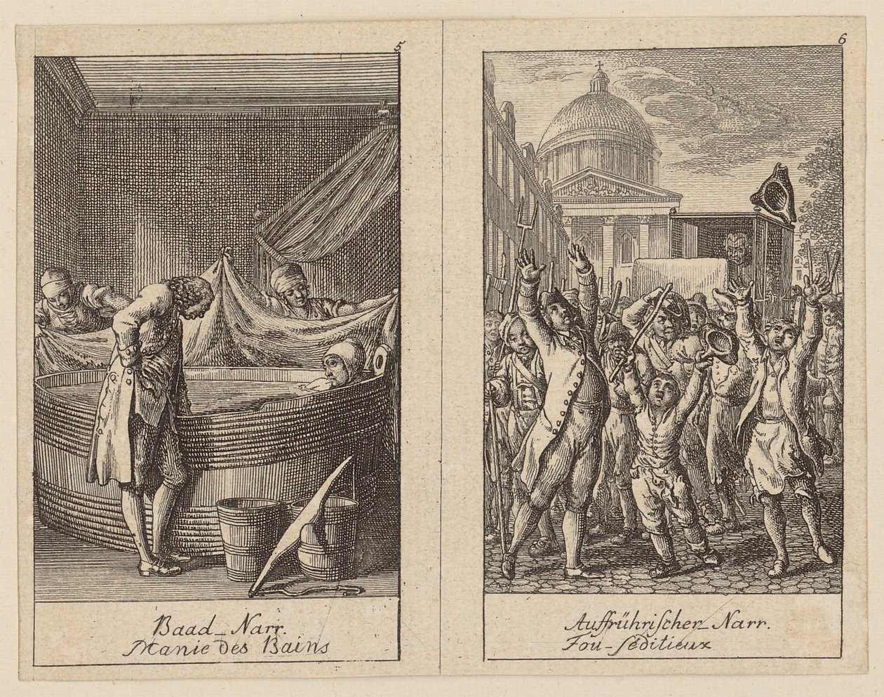 Blad 5 och 6 ur *Centifolium Stultorum*, *Dårskaper* av Daniel Nikolaus Chodowiecki