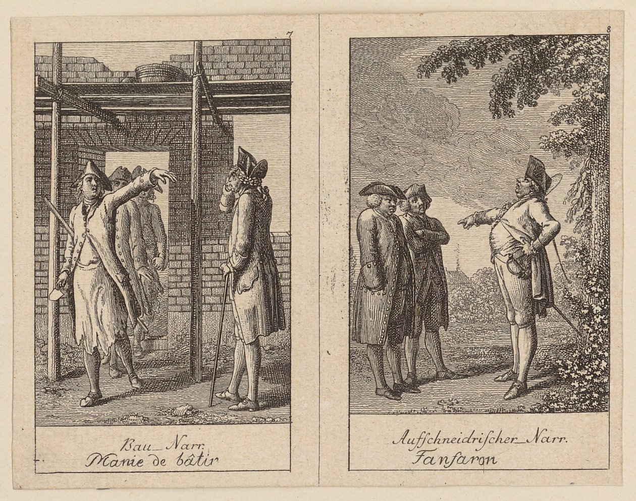 Blad 7 och 8 ur *Centifolium Stultorum*, *Dårskaper* av Daniel Nikolaus Chodowiecki