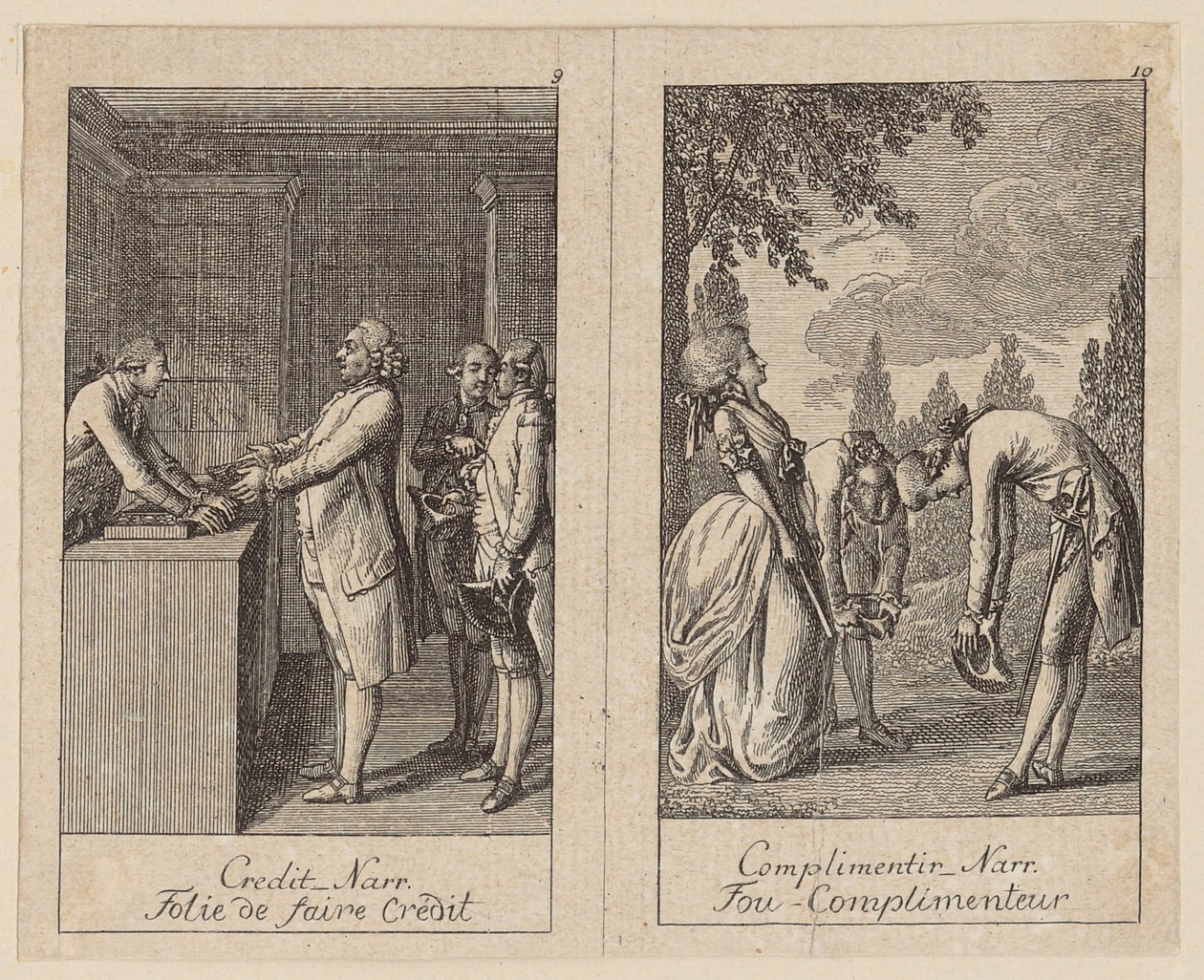 Blad 9 och 10 ur *Centifolium Stultorum*, *Dårskaper* av Daniel Nikolaus Chodowiecki