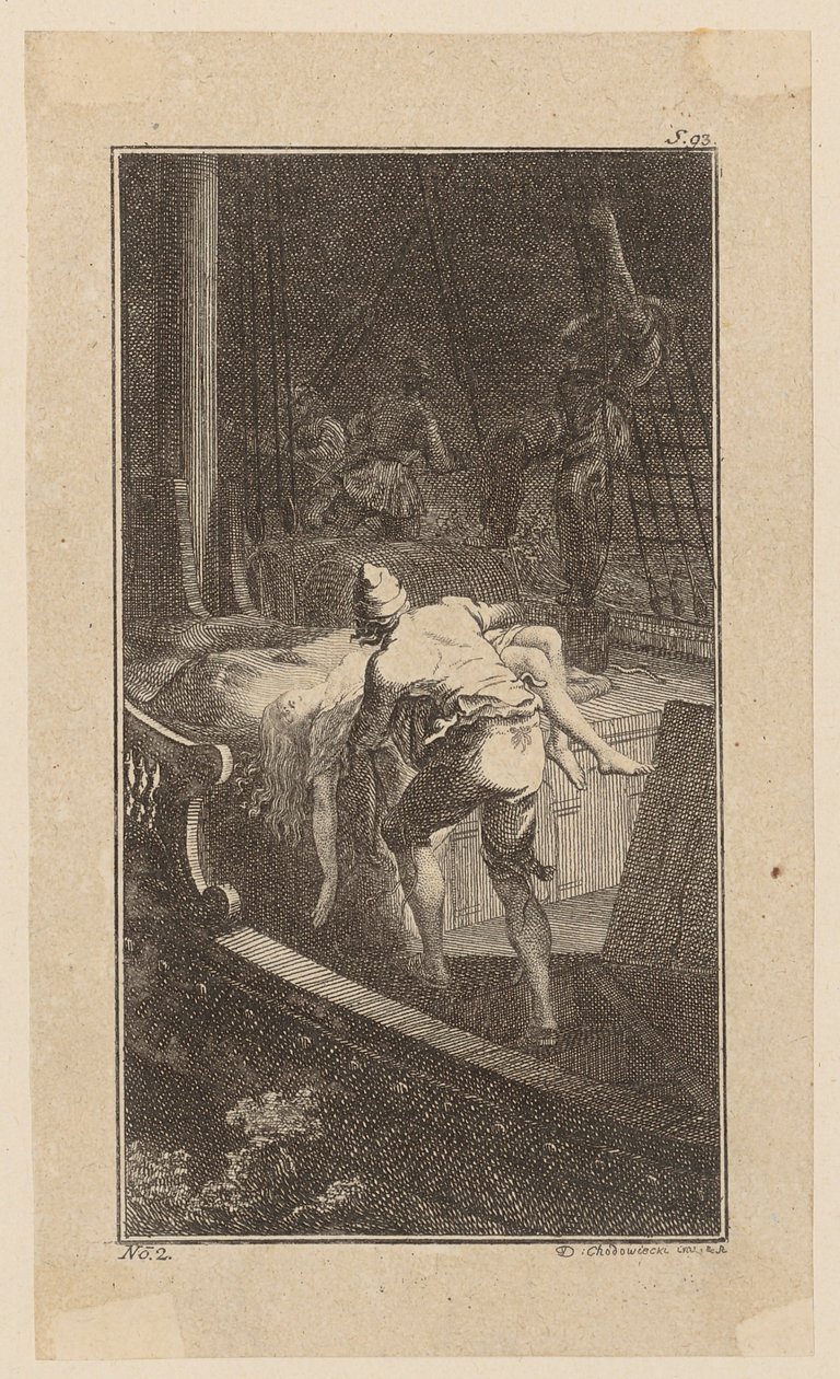 Bunkel bär Miss Melmoth från den översvämmade kajutan upp på däck, blad 2 ur "Johann Bunkels liv, anmärkningar och åsikter" av Daniel Nikolaus Chodowiecki