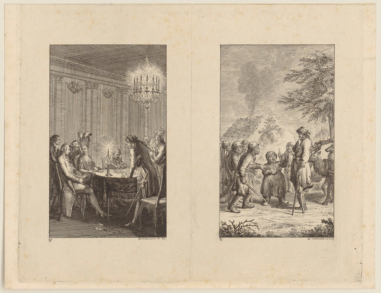 Candide hos en skådespelerska [vänster]; Candide i Norge [höger] av Daniel Nikolaus Chodowiecki