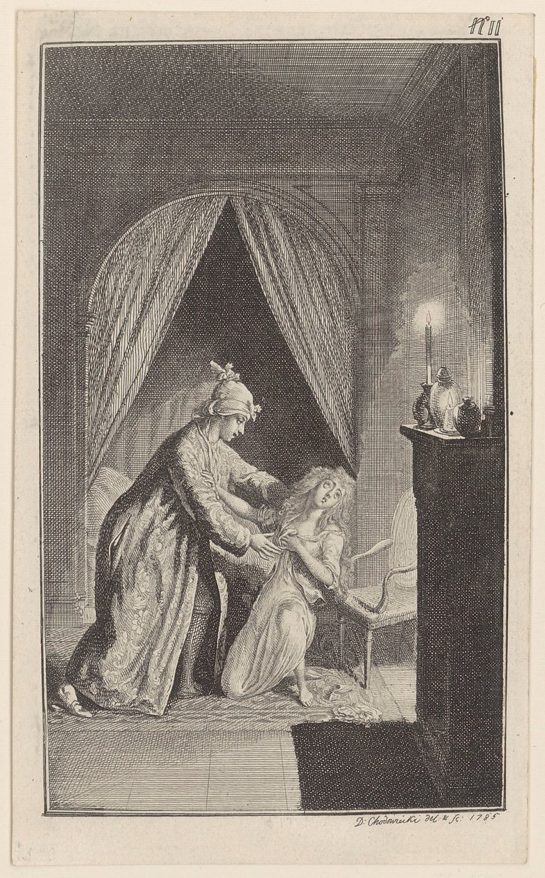 Clarisse ber om att hennes dygd och heder ska skonas av Daniel Nikolaus Chodowiecki