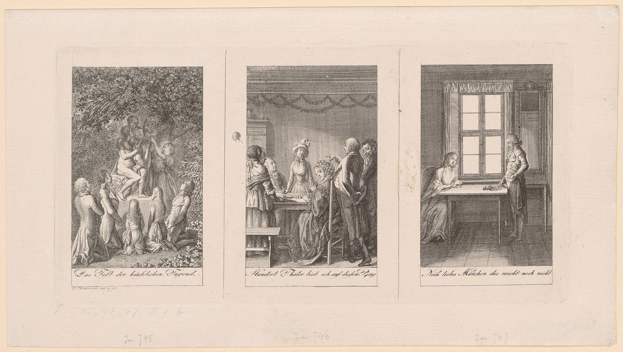 Tre blad till Ehrenbergs "Fickbok [...] för 1795" av Daniel Nikolaus Chodowiecki
