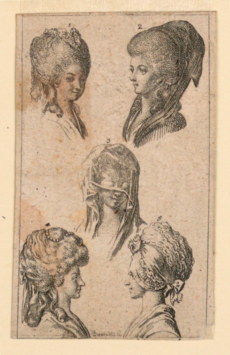 Fem huvudbonader, som bärs av Berlins kvinnor, Illustration för "Königl: Grosbrit [anian] genealogical calendar for the 1782 year Lauenberg by J.G. Berenberg" av Daniel Nikolaus Chodowiecki