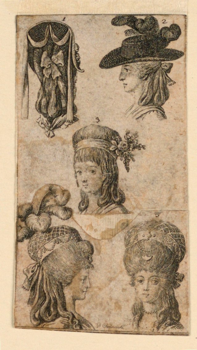 Fem huvudbonader för kvinnor, två fragment av illustrationer för "Königl: Grosbrit [anian] genealogisk kalender för 1781 års Lauenberg av J.G. Berenberg" av Daniel Nikolaus Chodowiecki
