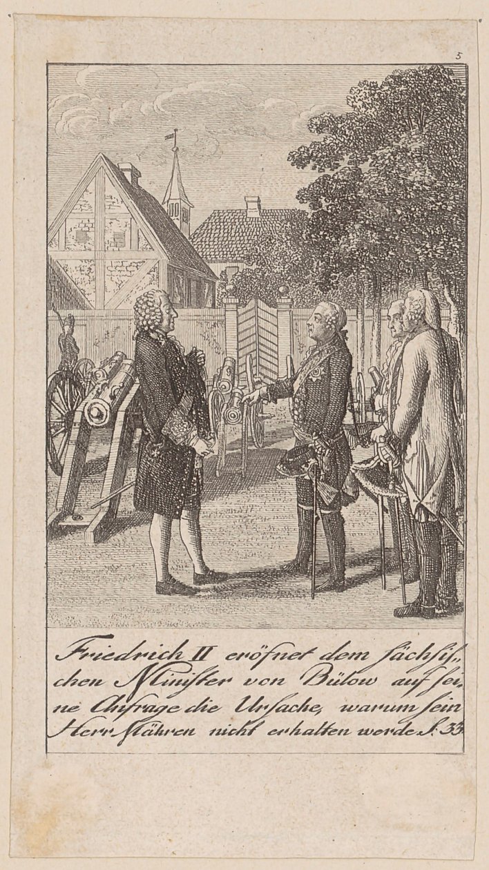 Fredrik II upplyser den sachsiske ministern von Bülow, som svar på hans fråga, om orsaken till att hans herre inte kommer att få Mähren av Daniel Nikolaus Chodowiecki