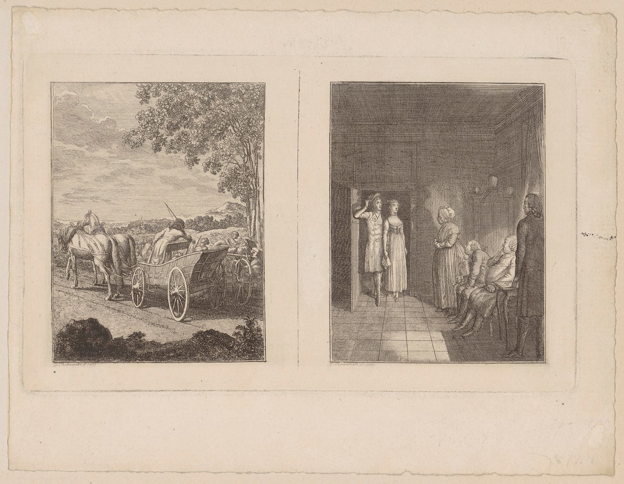 Hermann har hunnit ikapp de fördrivna [till vänster]; Herrmann leder Dorothea in i sina föräldrars hus [till höger] av Daniel Nikolaus Chodowiecki
