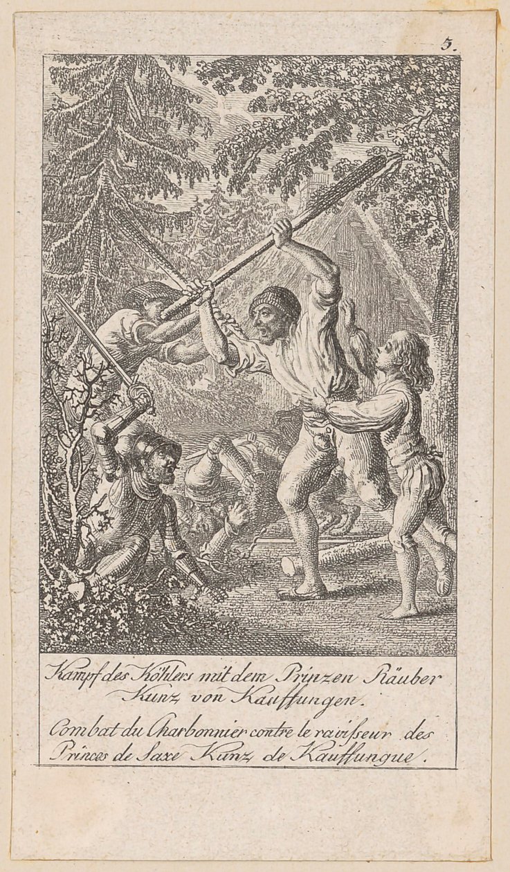 Kolbrännarens kamp med prinsrövaren, blad 5 ur serien "Äldre, mellersta och nyare historia" av Daniel Nikolaus Chodowiecki