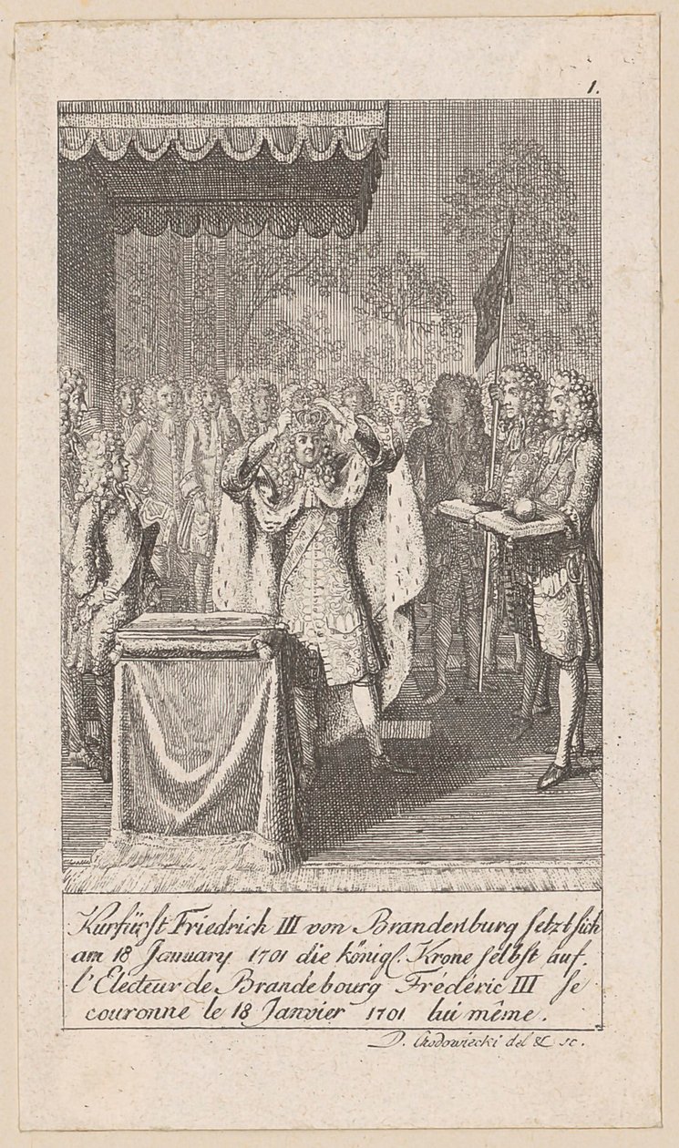 Kurfyrst Fredrik III av Brandenburg kröner sig själv, blad 1 i serien "Äldre, medeltida och nyare historia" av Daniel Nikolaus Chodowiecki