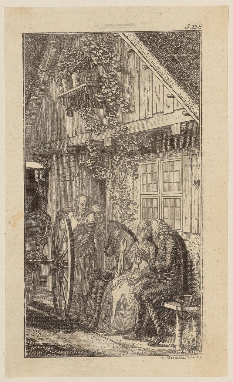 Sebaldus, Mariane och ett spädbarn på en bänk framför bondgården av Daniel Nikolaus Chodowiecki