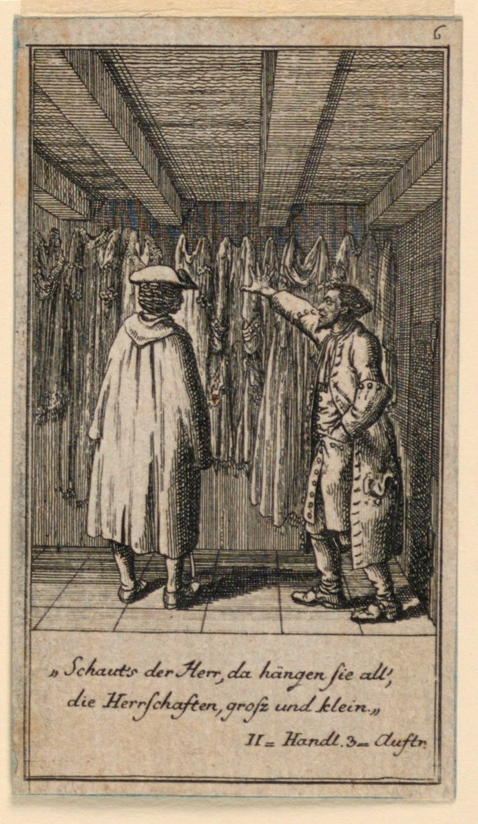 Dräkthandlaren, illustration av pjäsen "Not more than sachs Schuesseln" av Fredrich Wilhelm Grossman i "Königl: Grosbrit [anian] genealogical calendar for the 1782 year Lauenberg by J.G. Berenberg" av Daniel Nikolaus Chodowiecki