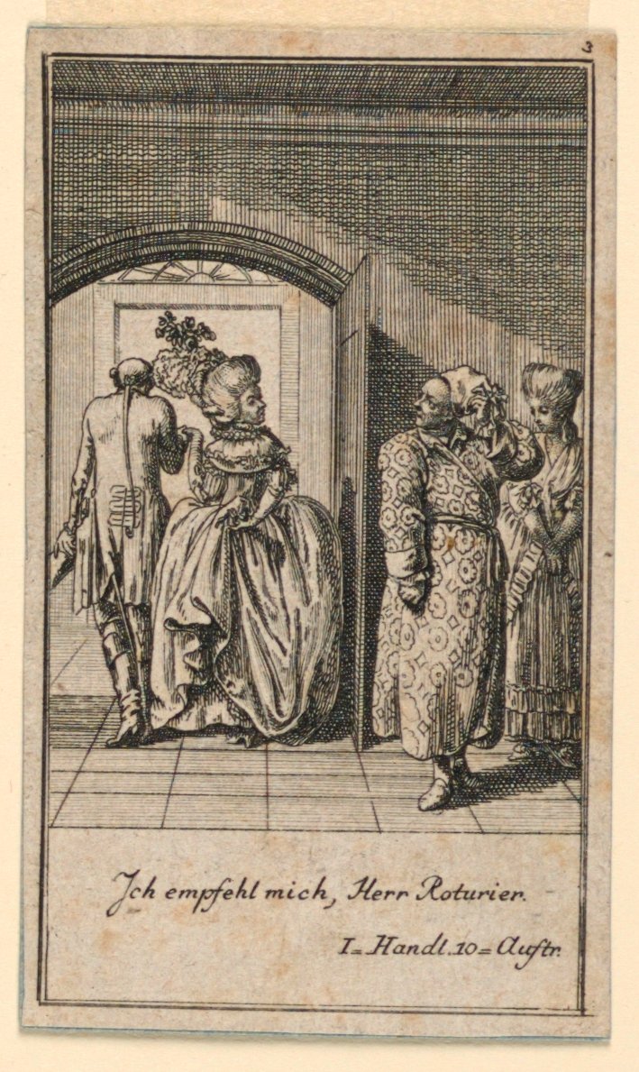 Det äldre paret avslutar högmodigt ett besök, illustration av pjäsen "Not more than sachs Schuesseln" av Fredrich Wilhelm Grossman i "Königl: Grosbrit [nische] genealogical calendar on the 1782 year Lauenberg by J.G. Berenberg" av Daniel Nikolaus Chodowiecki
